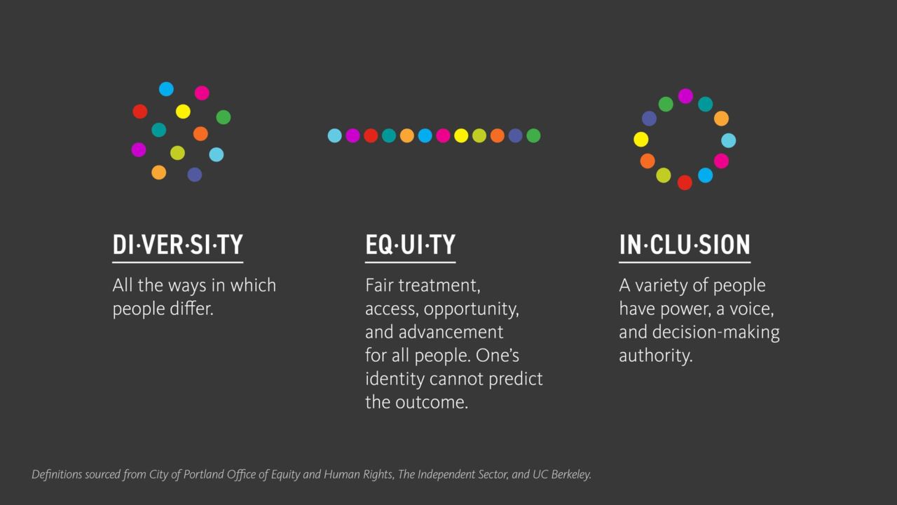 A slide explaining with colourful dots on diversity, equity and inclusion