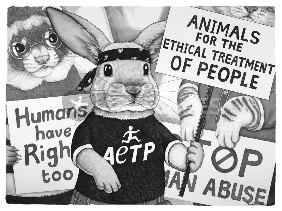 Art drawing of a bunny holding a banner protesting for the rights of humans