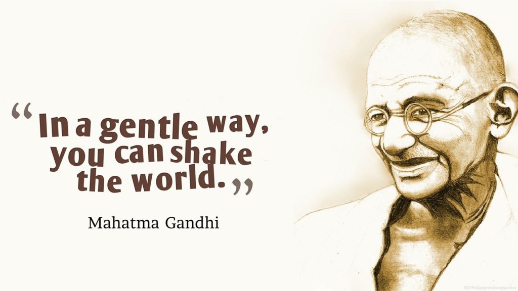 Drawing of Gandhi and a quote next to it