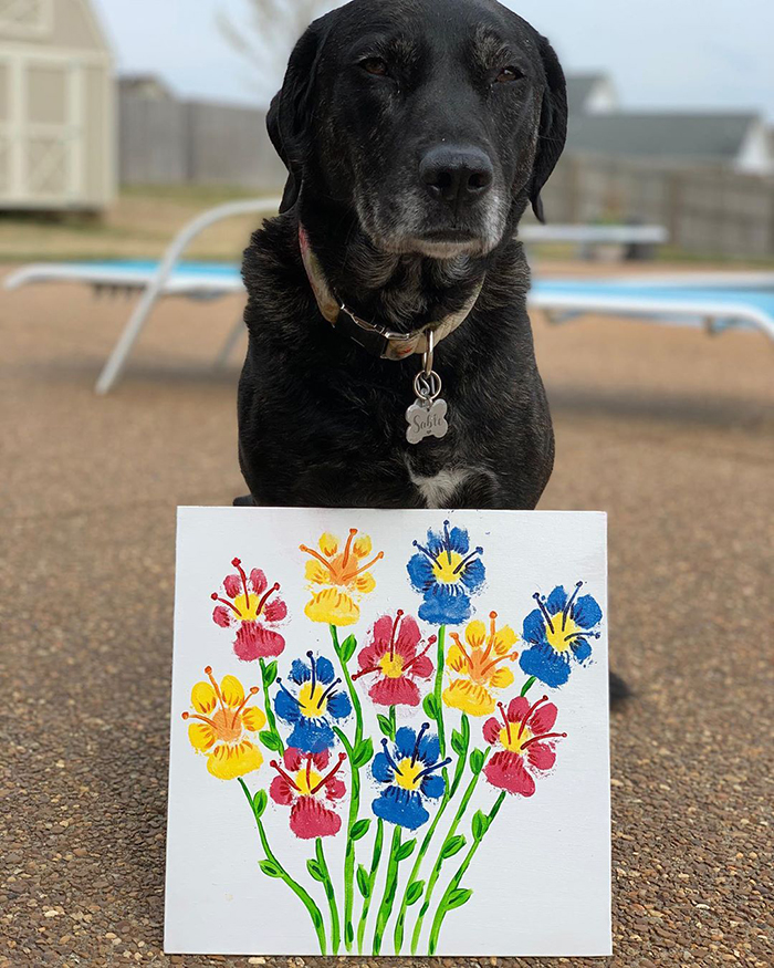 Dog with a painting of flowers in front